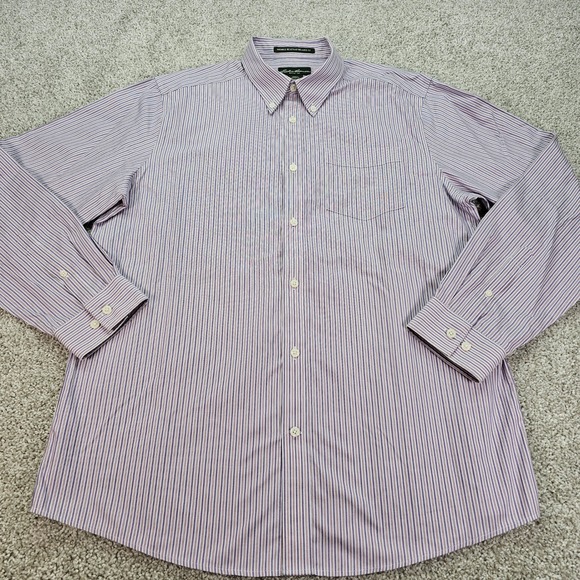 Eddie Bauer Mens Large Relaxed Fit Purple Pink Striped Button Down Shirt NWOT
 L - Picture 2 of 7